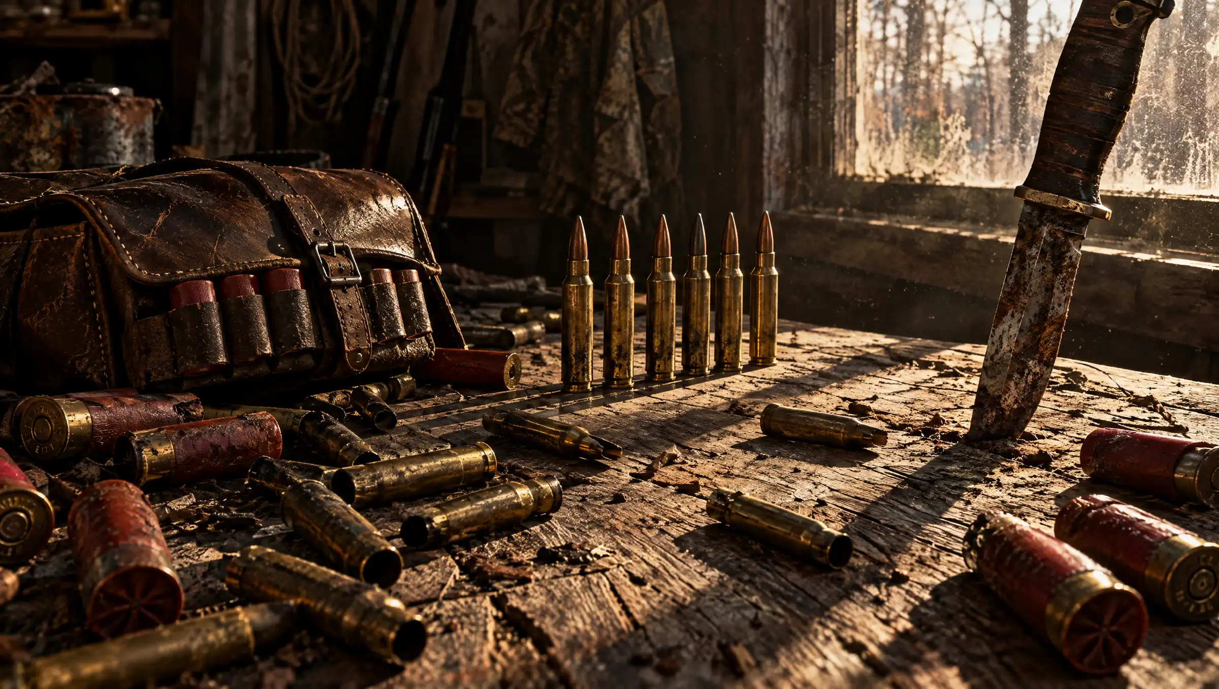 Spent rifle brass and red shotgun shells lined up like trophies on a scarred wooden table