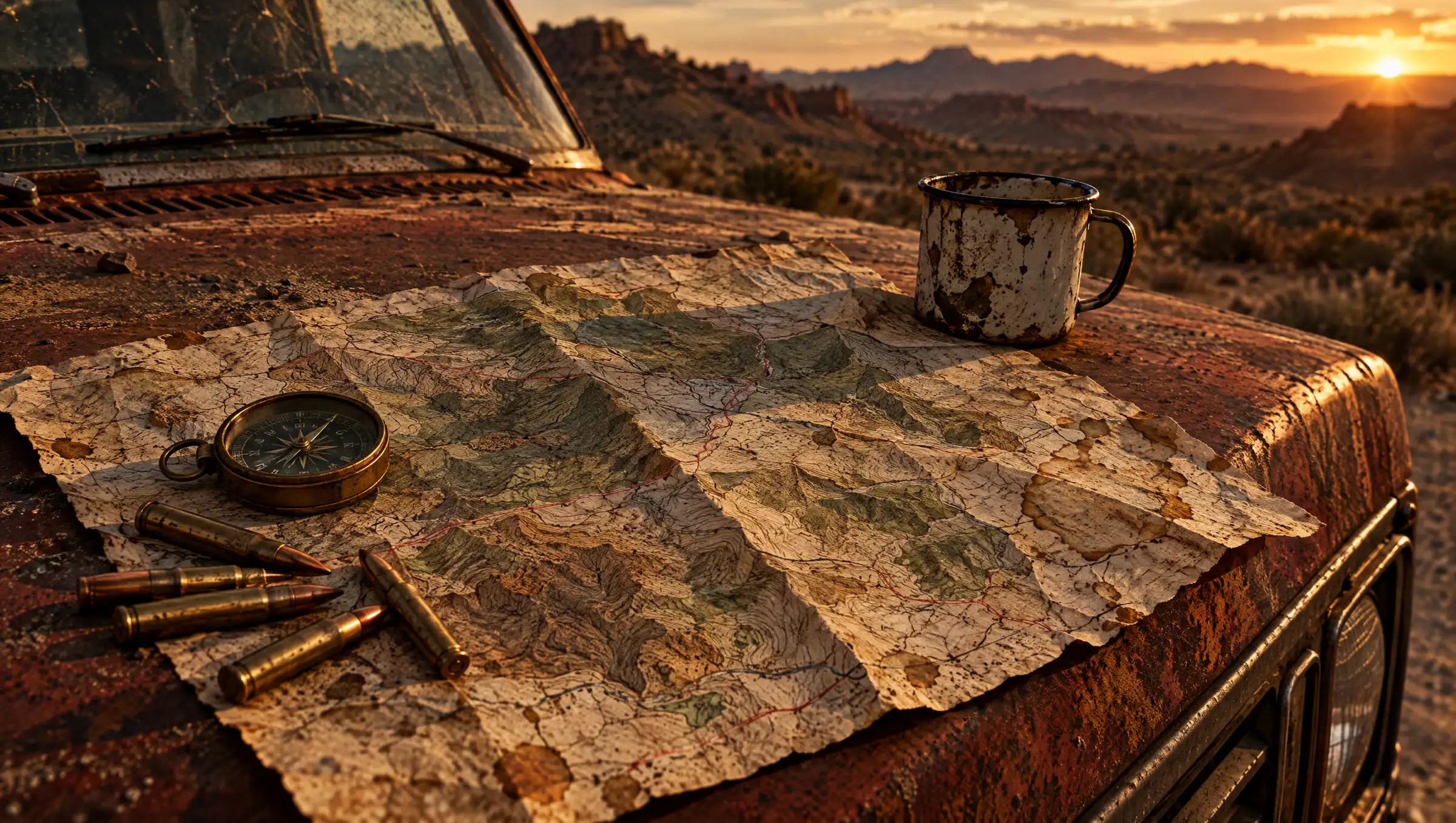 A creased topographic map on the rusty hood of a pickup, weighed down by a compass, cartridges and a tin cup