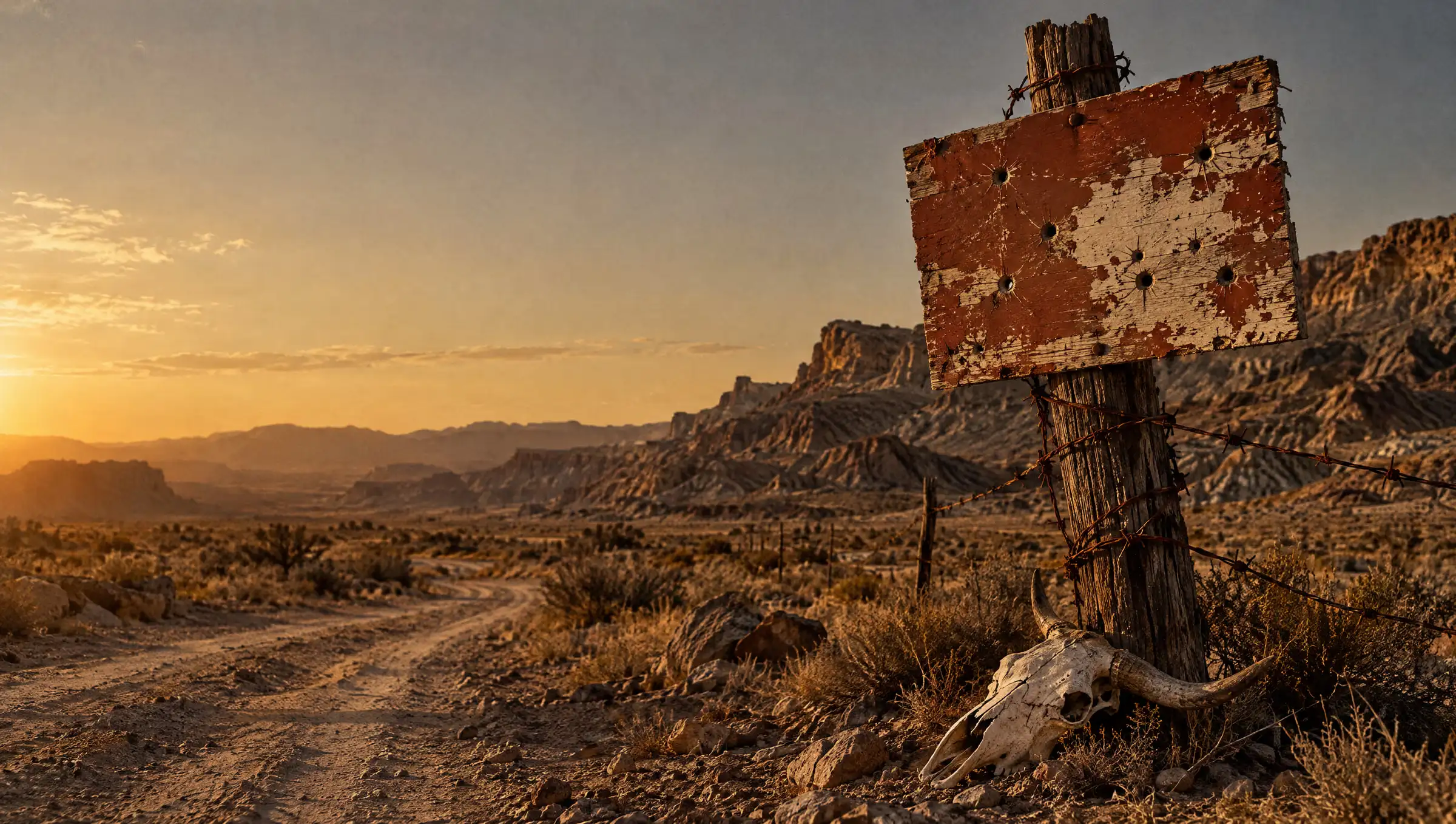A bullet-riddled warning sign wired to a fence post beside a desert dirt track, a cow skull at its base