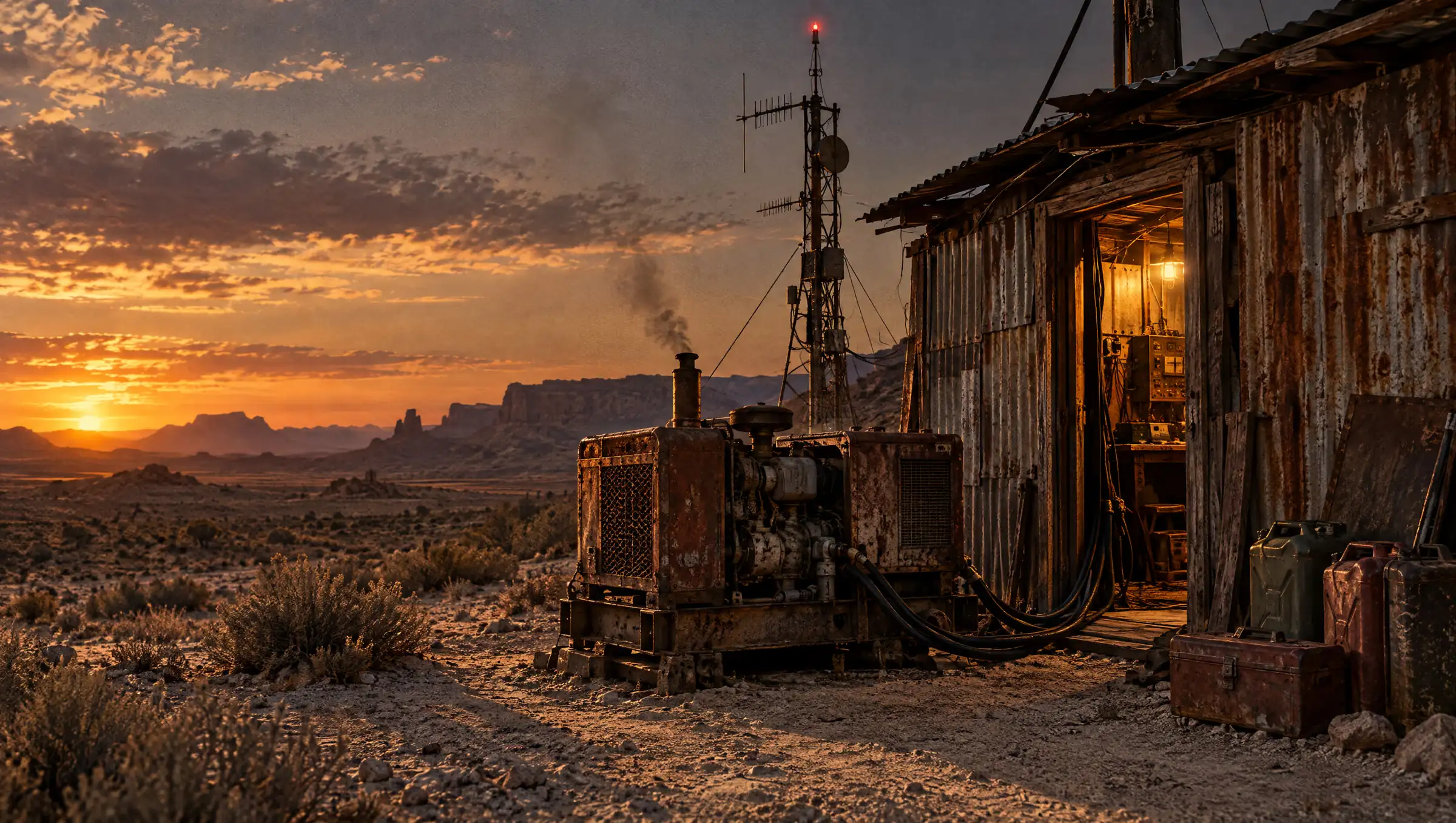 A rusted diesel generator and a scrap radio mast outside a tin shack in the desert at dusk