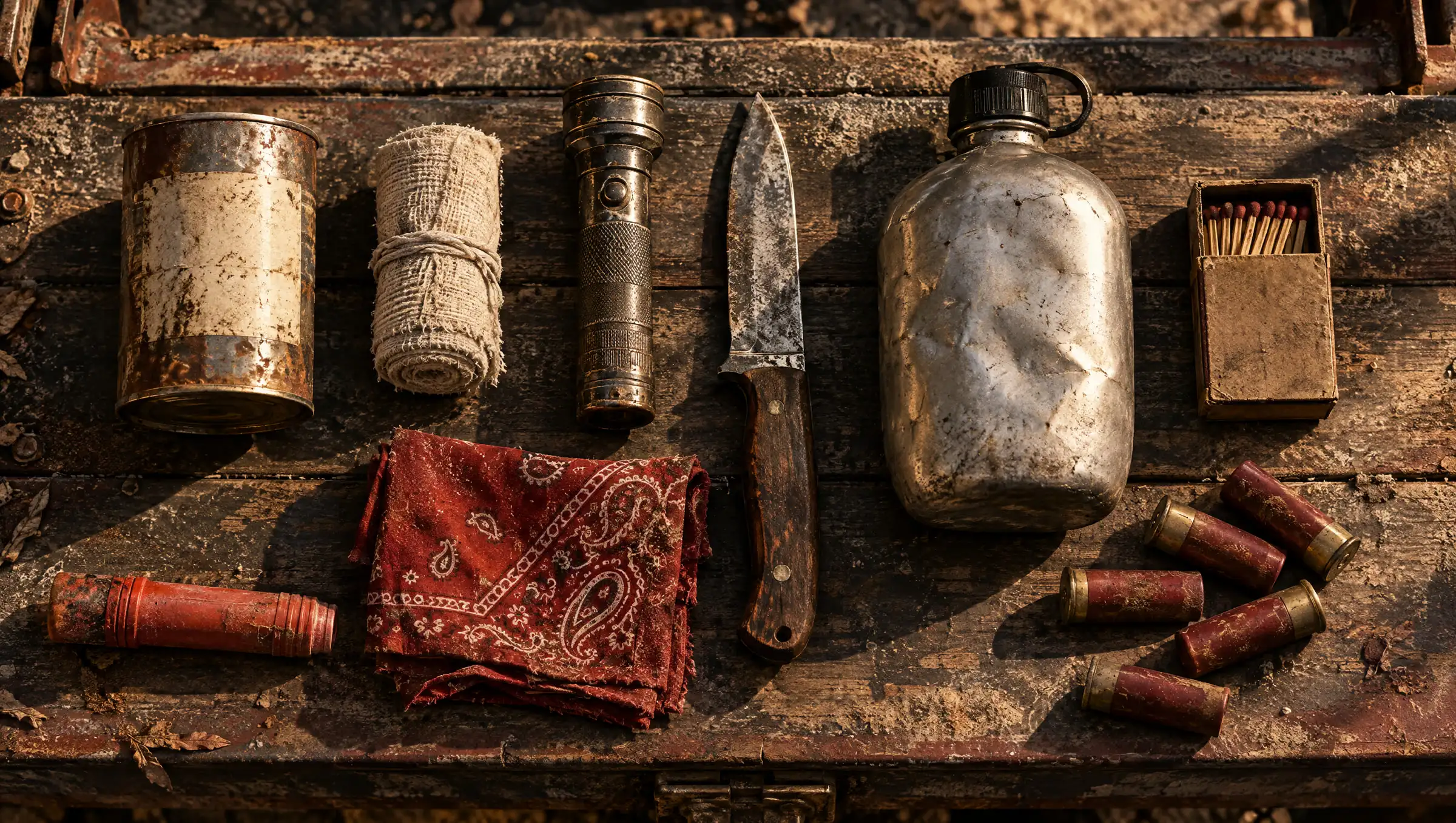 A survival starter kit laid out on a weathered tailgate: canned food, bandage, flashlight, knife, canteen, matches, flare and bandana