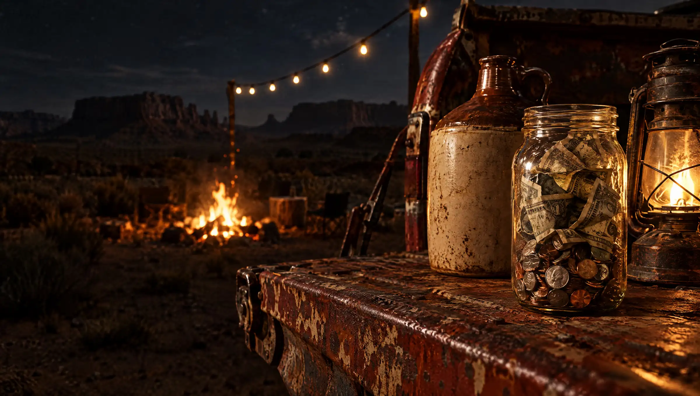 A mason tip jar stuffed with cash beside a moonshine jug and a lantern on a tailgate at night